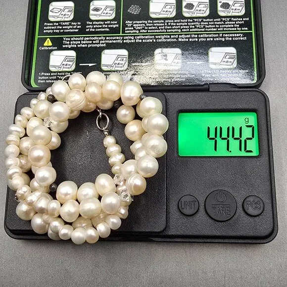 VTG White Graduated Baroque Pearl Necklace 22" Sterling Toggle Crystal Accents - Picture 12 of 13